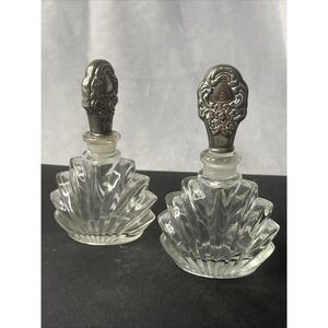2 Vintage Crystal Perfume Bottles W/ Silverplate Top 4"X2.5" See Description